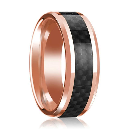 14K Rose Gold Wedding Band with Black Carbon Fiber Inlay Beveled Edge Polished Mens Ring