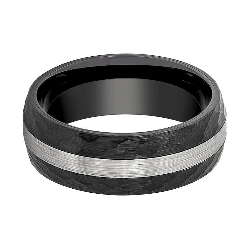 Tungsten Ring Black Hammered Domed w/ Silver Brushed Stripe Center Wedding Band 8mm Tungsten Carbide Wedding Ring