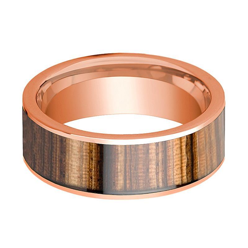 Mens Wedding Band Polished 14k Rose Gold & Zebra Wood Inlay Flat - 8mm - AydinsJewelry