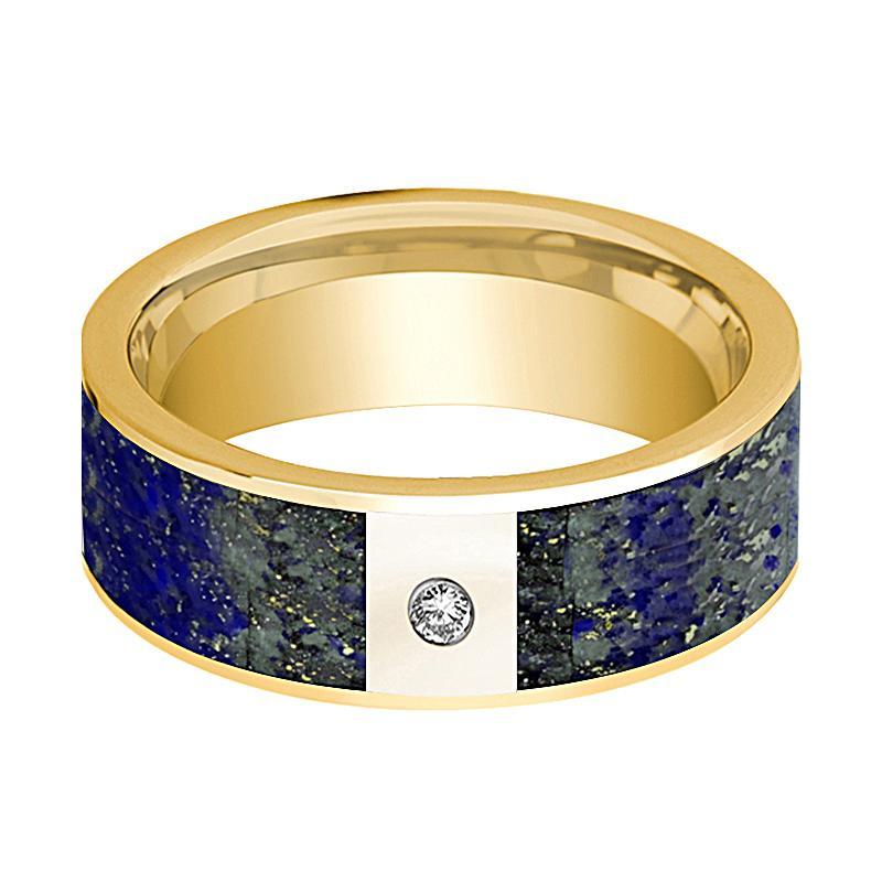 Mens Wedding Band 14K Yellow Gold with Blue Lapis Lazuli Inlay and Diamond Flat Polished Design - AydinsJewelry