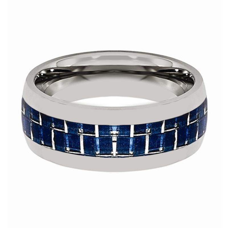 Mens Tungsten Wedding Band w/ Blue Carbon Fiber Inlay Domed 8mm Tungsten Carbide Ring