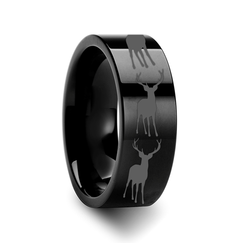 Animal Design Ring - Stag Fawn Deer Elk Print - Laser Engraved - Flat Tungsten Ring - 4mm - 6mm - 8mm - 10mm - 12mm - AydinsJewelry