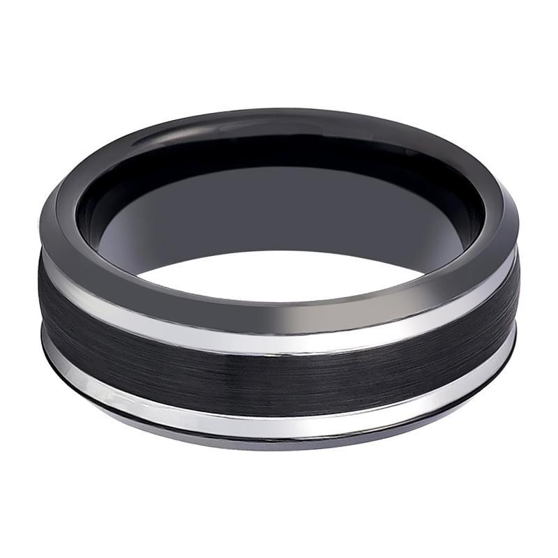 Tungsten Mens Wedding Band Two Tone Black & Silver Stepped Edge 8mm Tungsten Carbide Ring