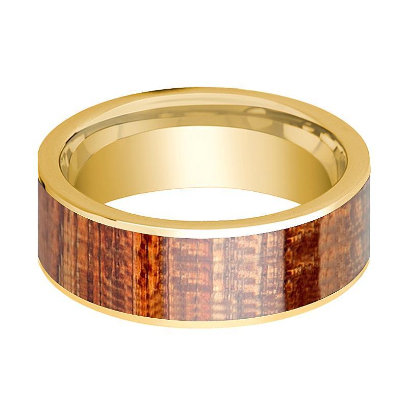 Mens Wedding Ring Polished 14k Yellow Gold Flat Wedding Band with Mahogany Wood Inlay - 8mm - AydinsJewelry