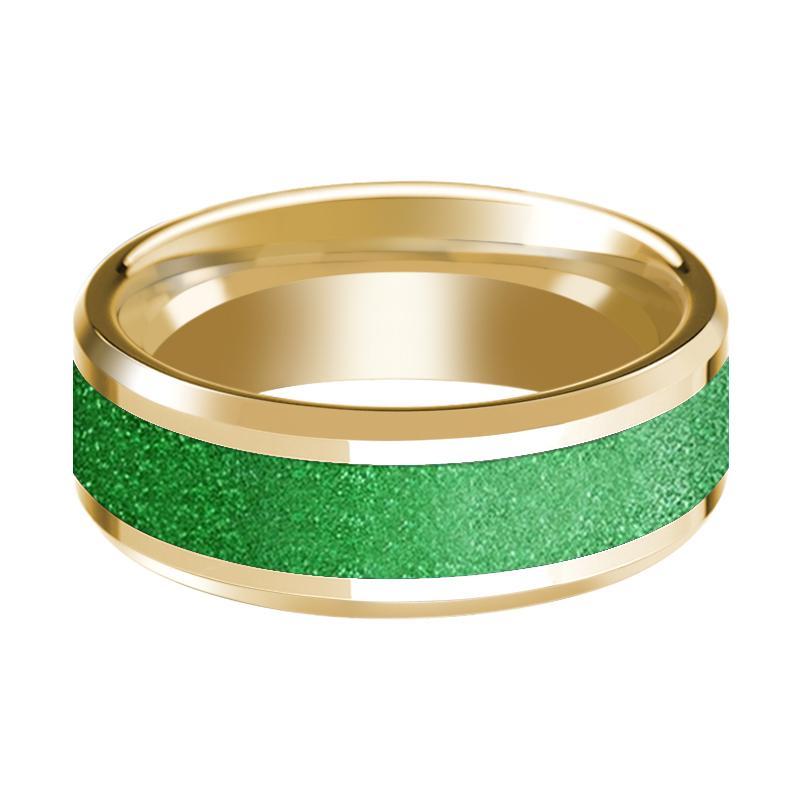 Mens Wedding Ring Beveled Edge 14K Yellow Gold with Textured Green Inlay Polished