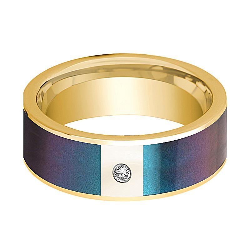 Mens Wedding Band 14K Yellow Gold with Blue/Purple Color Changing Inlaid and Diamond Flat Polished Design - AydinsJewelry