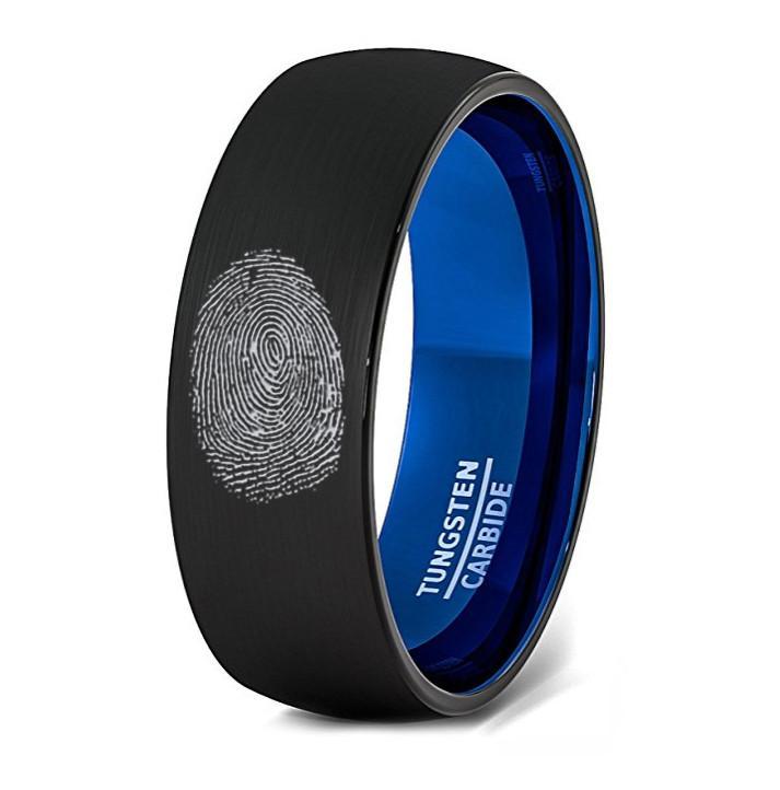 Finger Print Laser Engraved Mens Wedding Band Two Tone Black Blue Tungsten Ring Brushed Center Dome 8mm Comfort Fit - AydinsJewelry