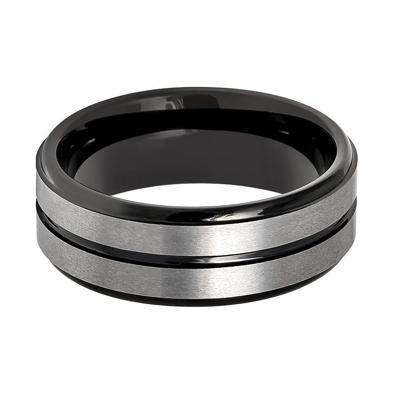 Tungsten Mens Wedding Band Gun Metal Brushed w/ Black Groove 8mm Tungsten Carbide Ring