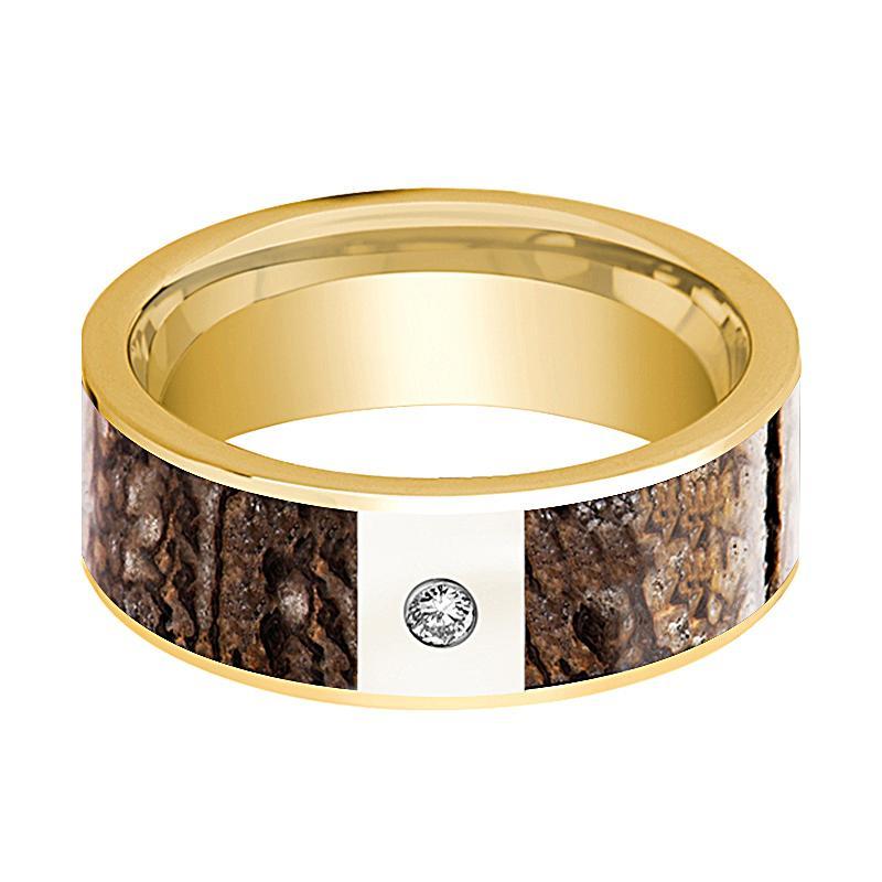 Dinosaur Bone Ring - Brown Dinosaur Bone - Flat Polished 14K Yellow Gold and Diamond - Polished Finish - 8mm - 14k Gold Wedding Ring - AydinsJewelry