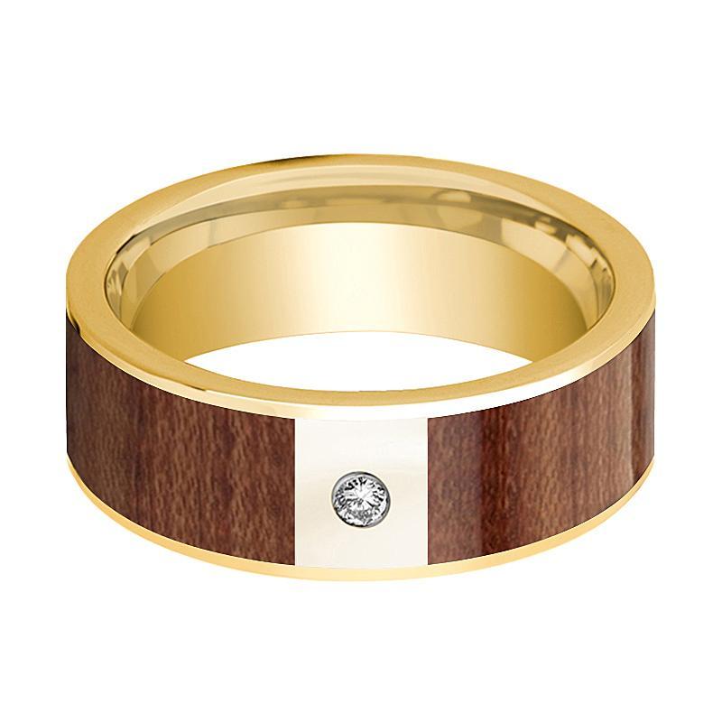 Mens Wedding Band Polished 14k Yellow Gold Men’s Flat Wedding Ring with Rose Wood Inlay & Diamond - 8mm - AydinsJewelry