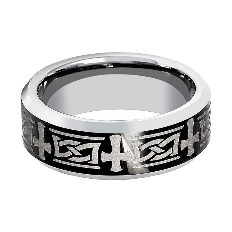 Mens Tungsten Wedding Band Celtic Cross Design Engraved 8mm Tungsten Carbide Ring