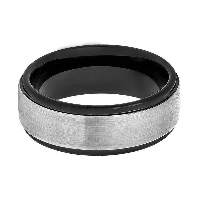 Tungsten Ring Two-tone Black & Grey Brushed Center Stepped Edge Wedding Band 8mm Tungsten Carbide Wedding Ring