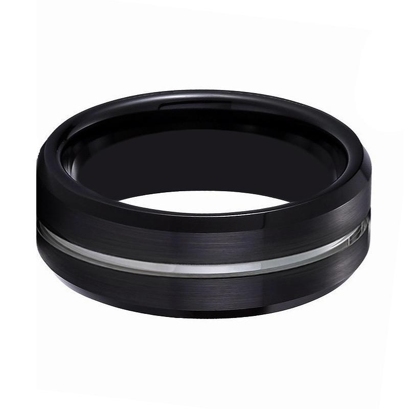 BEAST Silver Groove Tungsten Wedding Band Black Brushed