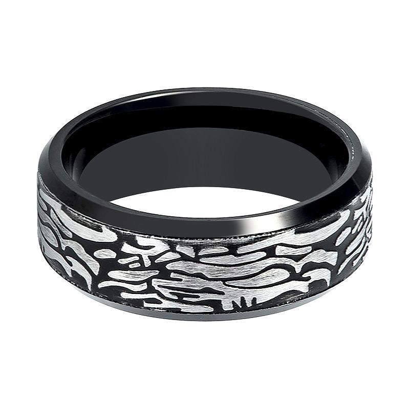 Tungsten Mens Ring Black Laser Carved Rock Art Pattern Tungsten Carbide Wedding Band