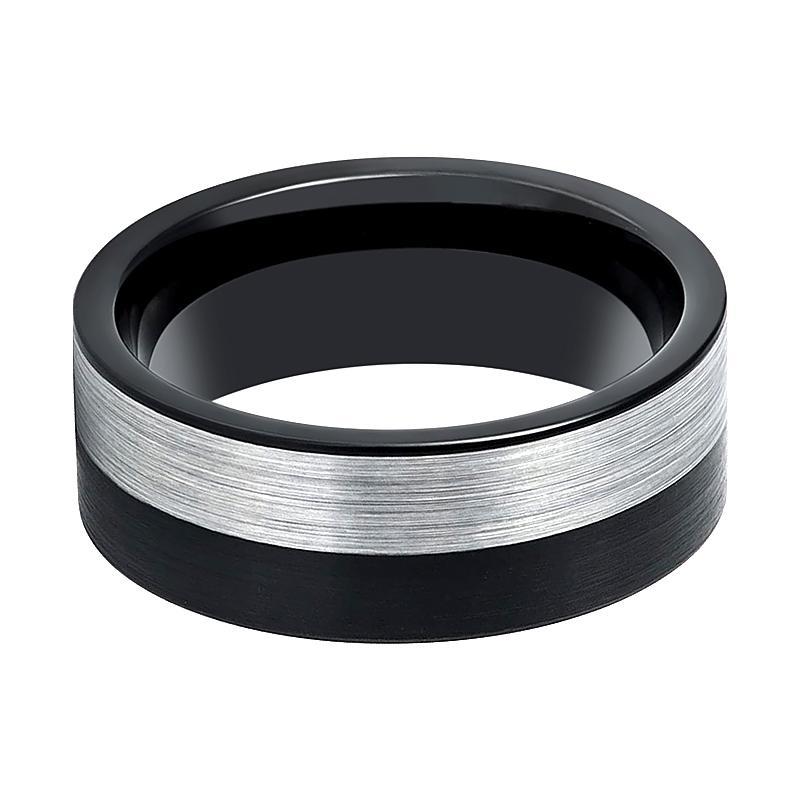 Tungsten Mens Wedding Band Two Tone Silver & Black Brushed 8mm Tungsten Carbide Ring