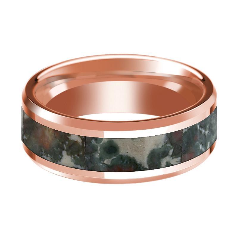 Rose Gold 14k Wedding Band with Coprolite Fossil Inlay Beveled Edge and Polished Design