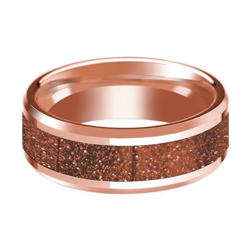 14K Rose Gold Wedding Band with Orange Goldstone Inlay Beveled Edge Polished Design - AydinsJewelry