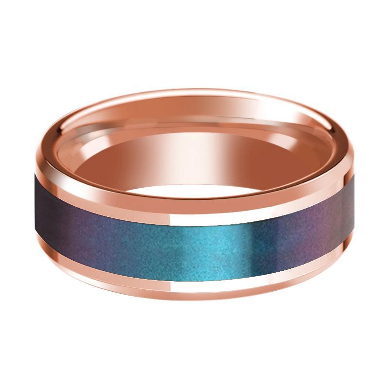 Mens Wedding Band 14K Rose Gold with Blue and Purple Color Changing Inlaid Beveled Edge Polished Ring