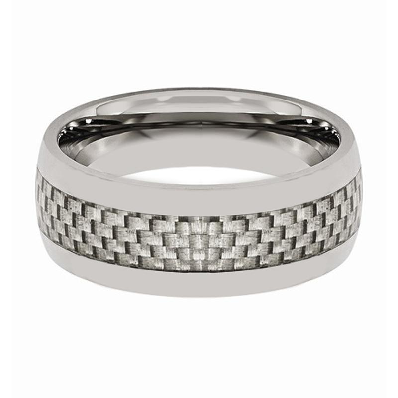 Mens Tungsten Wedding Band w/ White Carbon Fiber Inlay Domed 8mm Tungsten Carbide Ring