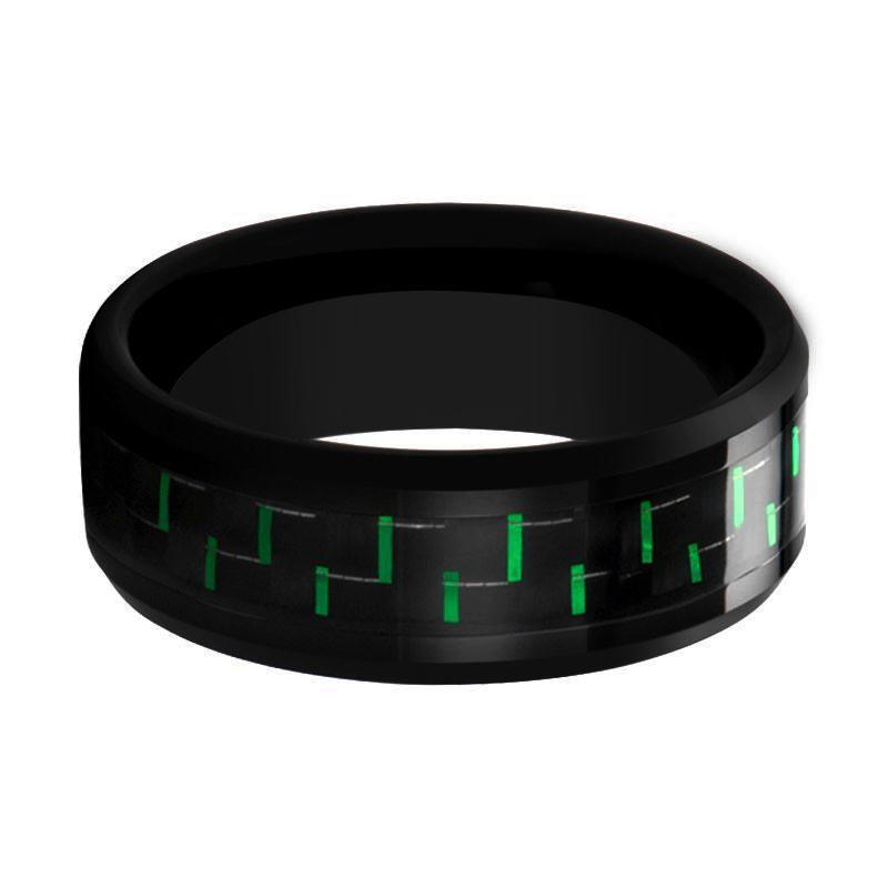 Black Tungsten Ring with Green Carbon Fiber Inlay