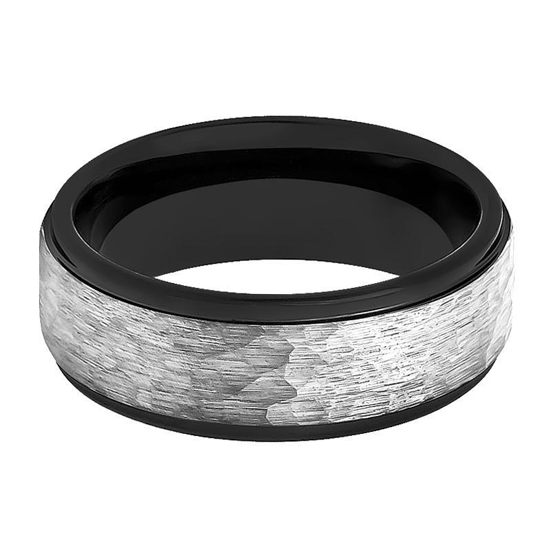 Tungsten Ring Two-tone Black & Grey Hammered Center Stepped Edge Wedding Band 6mm, 8mm Tungsten Carbide Wedding Ring