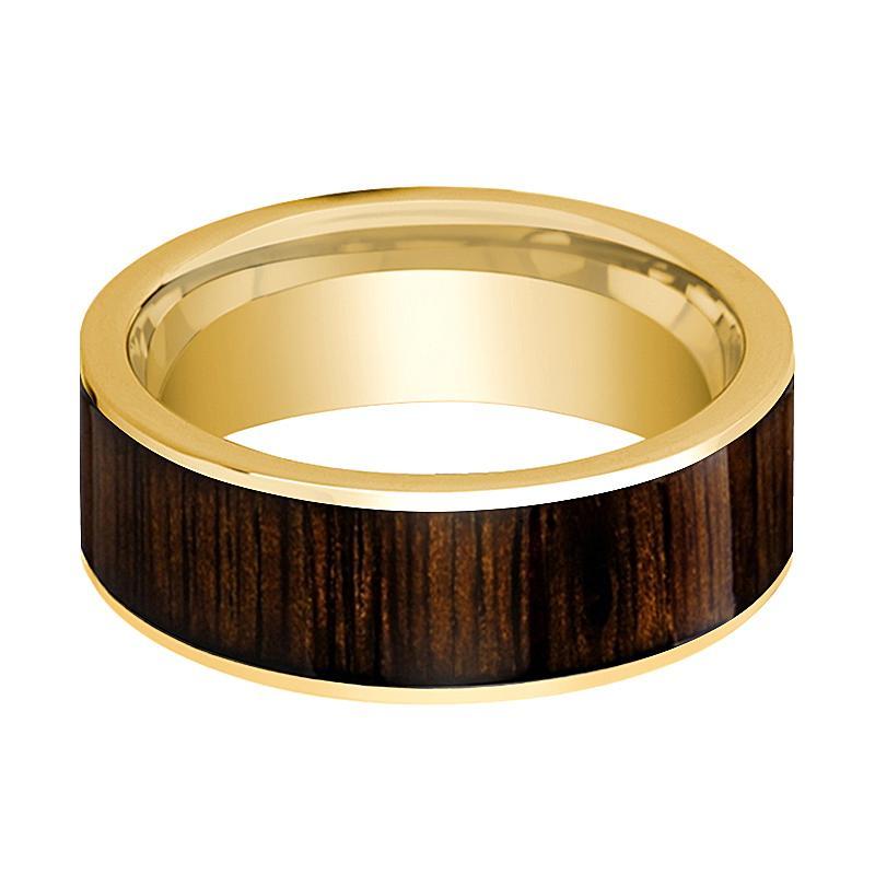 Mens Wedding Band Polished 14k Yellow Gold & Black Walnut Inlay - 8mm - AydinsJewelry
