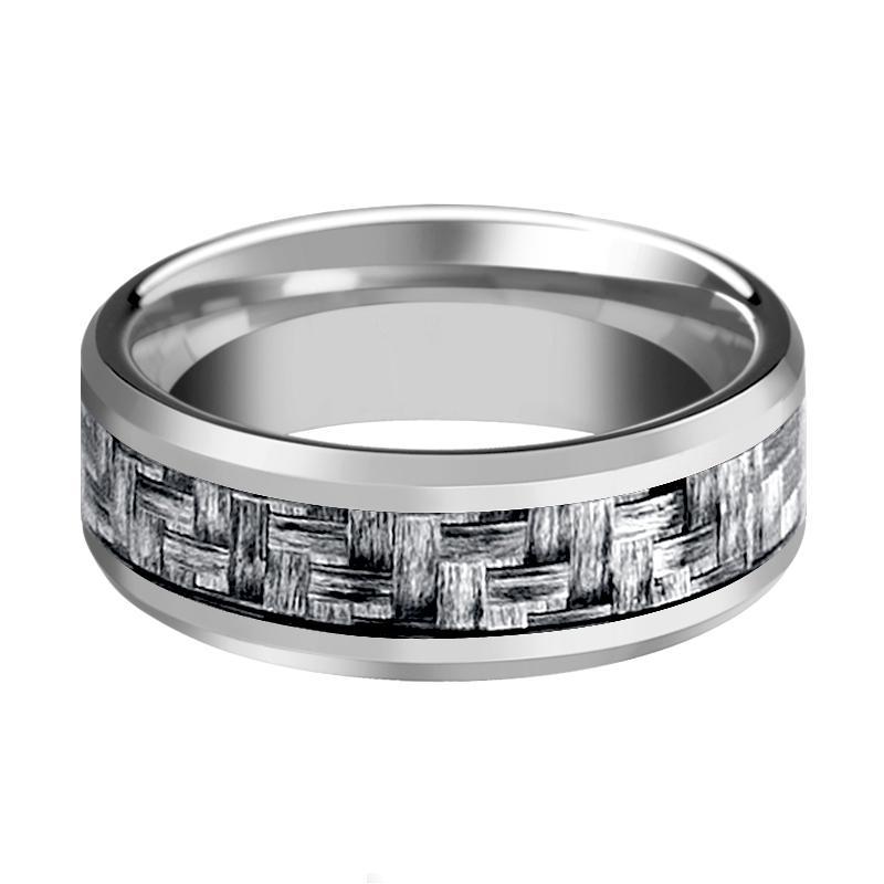 Mens Tungsten Wedding Band w/ Grey Carbon Fiber Inlay Beveled Edges 8mm Tungsten Carbide Ring