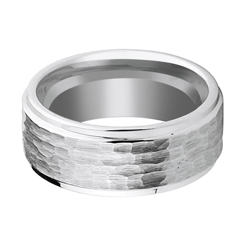 Tungsten Carbide Wedding Band Stepped Edge 9mm Hammered Center Tungsten Mens Ring