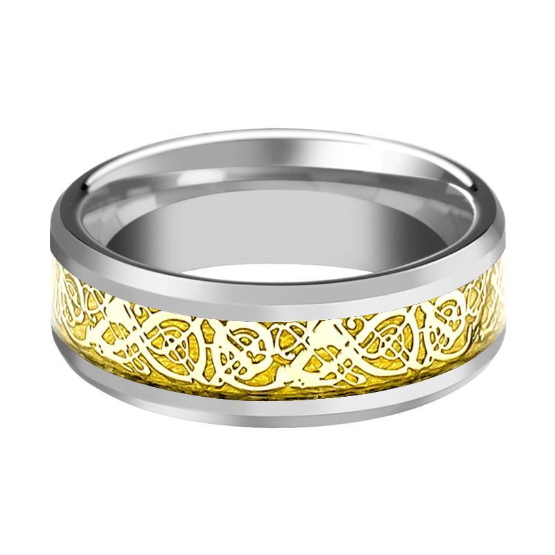 Tungsten Wedding Band Polished w/ Gold Celtic Dragon Inlay 8mm Tungsten Carbide Ring