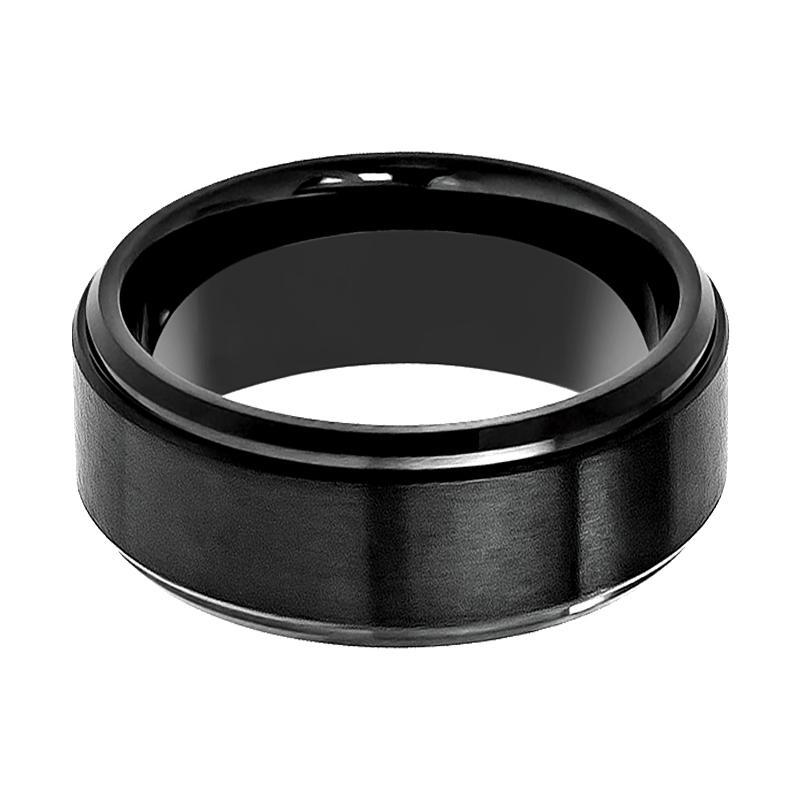 Tungsten Ring Black Brushed Center Wedding Band 6mm - 8mm Stepped Beveled Edge Tungsten Carbide Wedding Ring