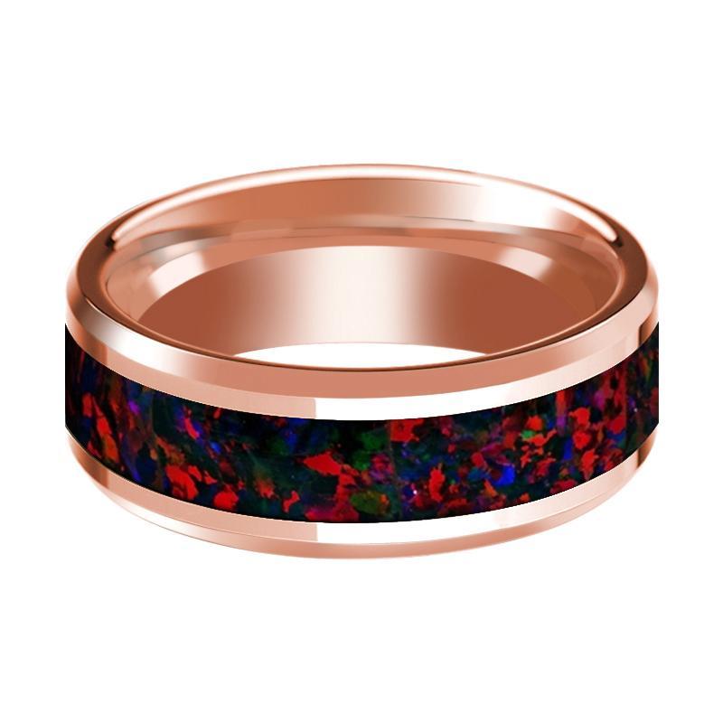 Mens Wedding Band 14K Rose Gold Inlaid with Black and Red Opal Polished Beveled Edge