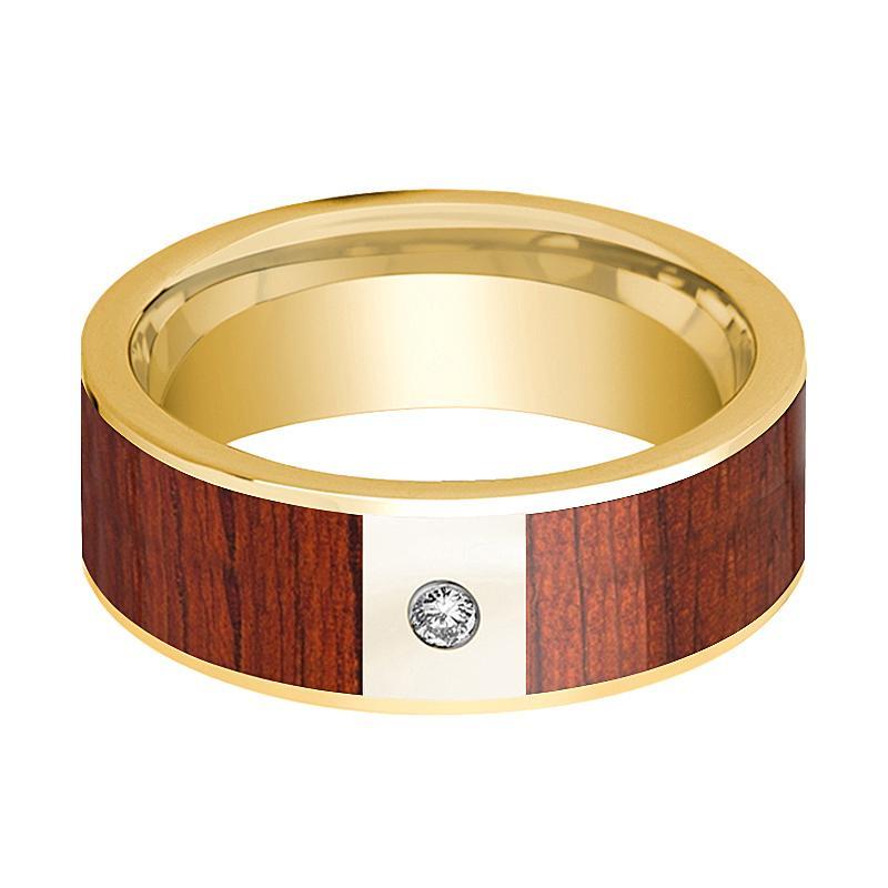 Mens Wedding Ring Polished 14k Yellow Gold Flat Wedding Band with Padauk Wood Inlay & Diamond - 8mm - AydinsJewelry