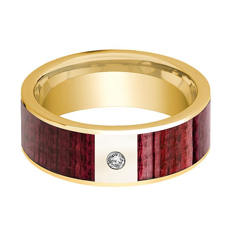 Mens Wedding Band Polished 14k Yellow Gold Men’s Wedding Ring with Purpleheart Wood Inlay & Diamond - 8mm - AydinsJewelry