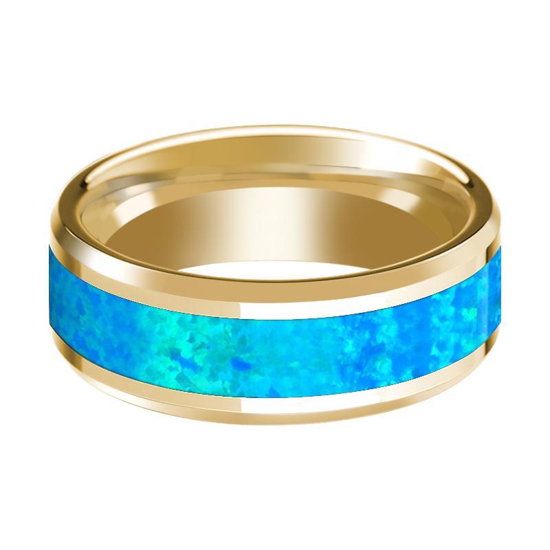 Blue Opal Inlay Beveled Edge Mens Wedding Band 14K Yellow Gold Polished Design - AydinsJewelry