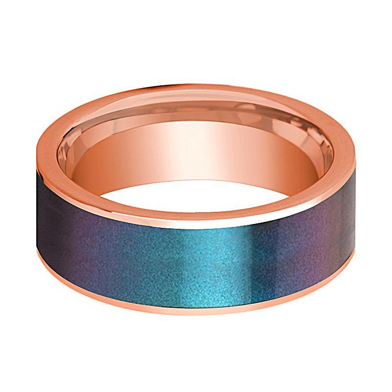 Mens Wedding Band 14K Rose Gold with Blue/Purple Color Changing Inlaid Flat Polished Design - AydinsJewelry