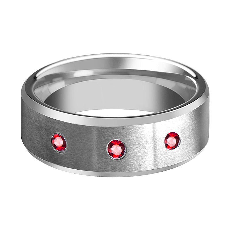 Red Ruby Wedding Ring - Tungsten Ring - Silver Tungsten - Satin Finish - Beveled Edge - Brushed Tungsten - 3 Rubies - Tungsten Wedding Band
