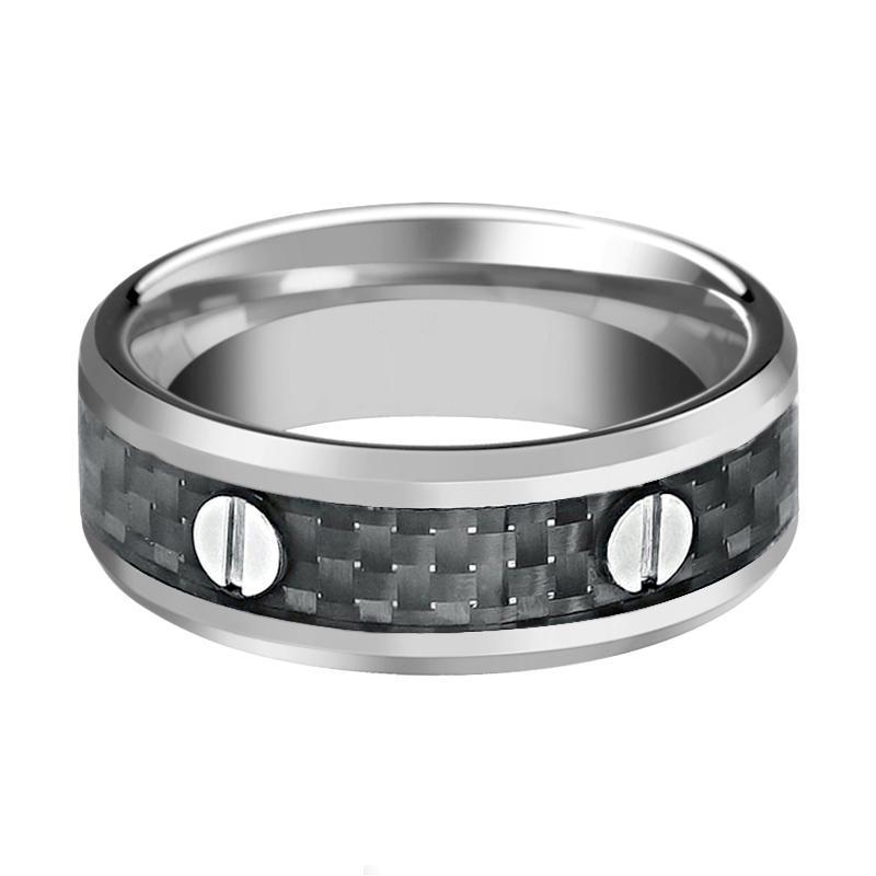 Tungsten Wedding Band Screw Accents w/ Black Carbon Fiber Inlay 8mm Tungsten Carbide Ring