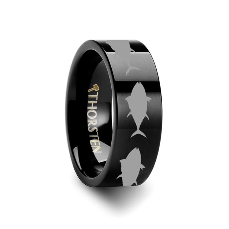 Sea Pattern - Tuna Fish Jumping - Sea Print Ring - Laser Engraved - Flat Tungsten Ring - 4mm - 6mm - 8mm - 10mm - 12mm - AydinsJewelry