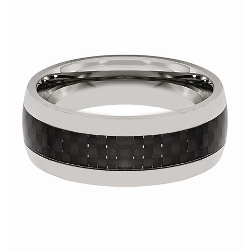 Mens Tungsten Wedding Band w/ Black Carbon Fiber Inlay Domed 8mm Tungsten Carbide Ring