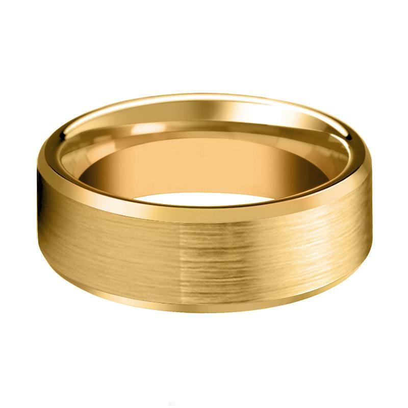 Gold Brushed Flat Tungsten Ring Wedding Band with Beveled Edge 6mm, 8mm Tungsten Carbide Wedding Ring