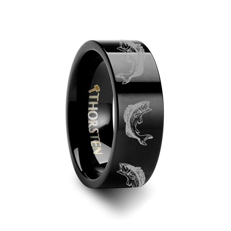 Sea Pattern - Bass Fish Jumping - Sea Print Ring - Laser Engraved - Flat Tungsten Ring - 4mm - 6mm - 8mm - 10mm - 12mm - AydinsJewelry