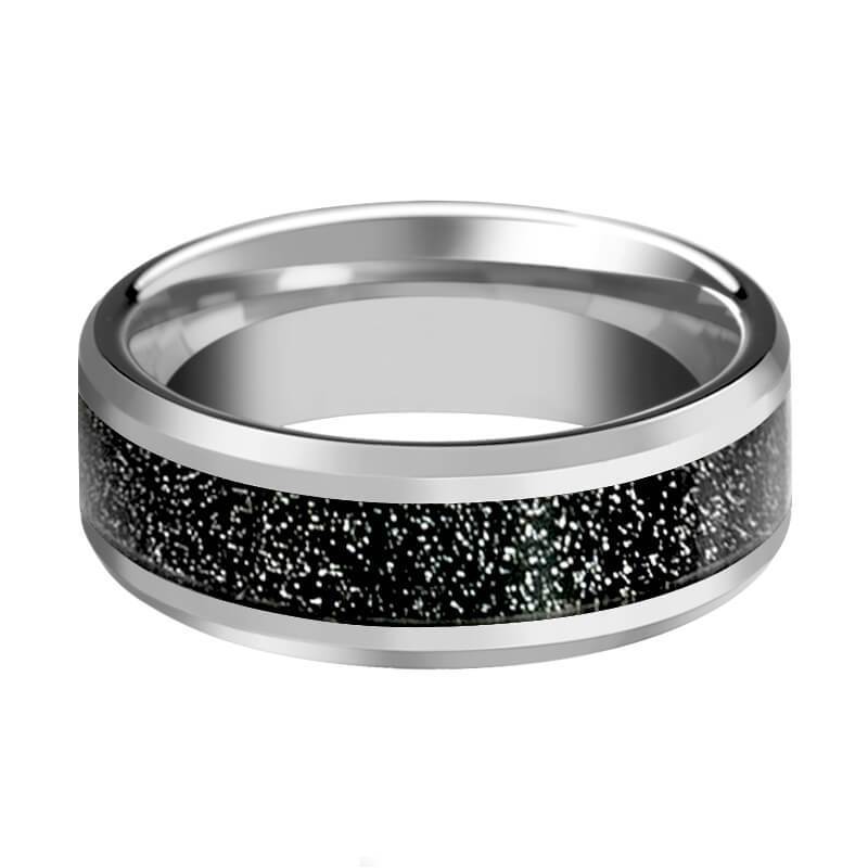 Mens Tungsten Wedding Band w/ Black Sandstone Carbon Fiber Inlay Beveled Edges 8mm Tungsten Carbide Ring