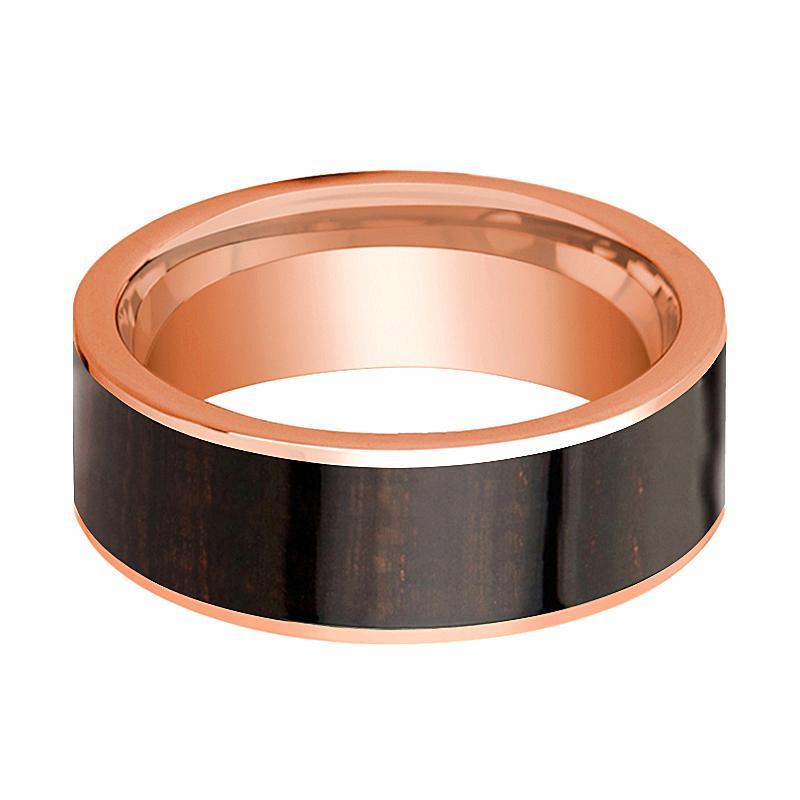 Mens Wedding Band Polished Flat 14k Rose Gold Wedding Ring with Ebony Wood Inlay - 8mm - AydinsJewelry