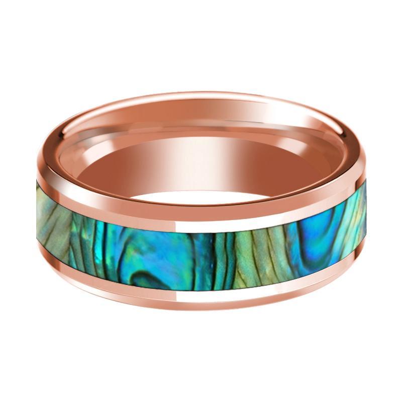 Rose Gold 14K Mother of Pearl Inlay Beveled Edge Mens Wedding Band Polished Design