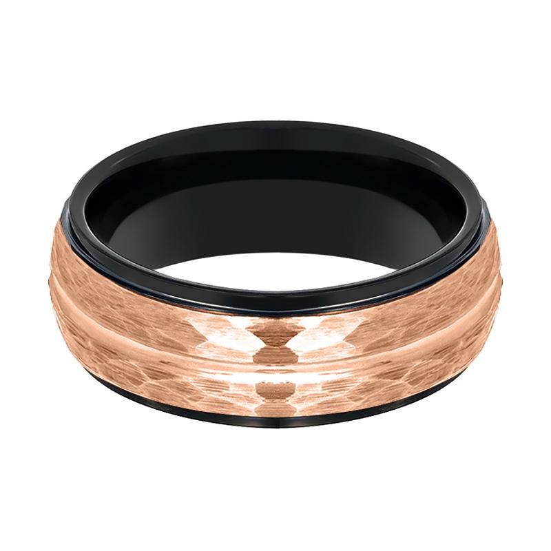 Black & Rose Gold Grooved Tungsten Hammered Center Wedding Ring for Men 8mm Stepped Edge Tungsten Carbide Wedding Band