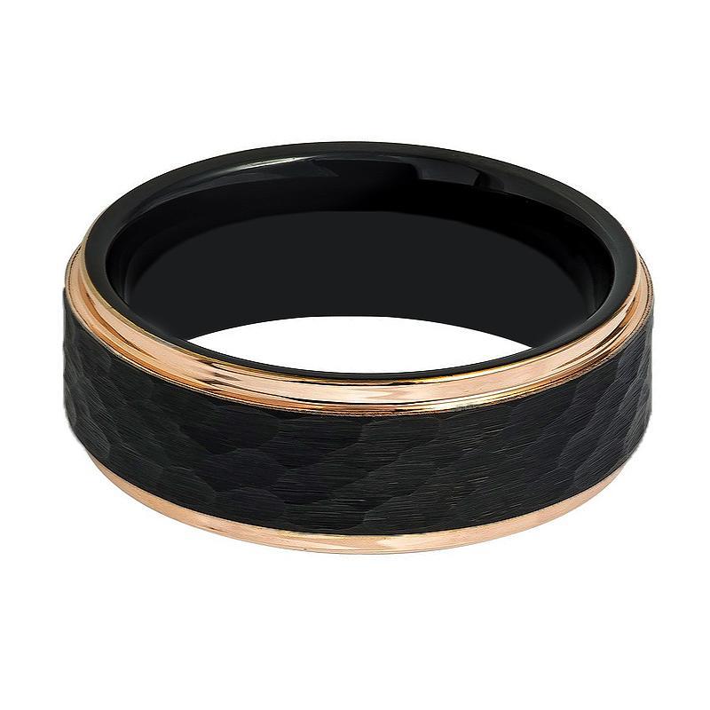 Black and Rose Gold Hammered Tungsten Men's Wedding Band