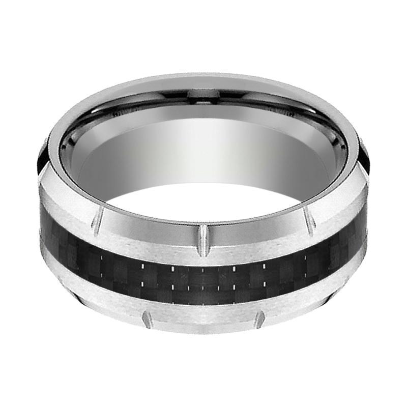 Mens Tungsten Wedding Band w/ Carbon Fiber Inlay & Multiple Grooved Edges 10mm Tungsten Carbide Ring