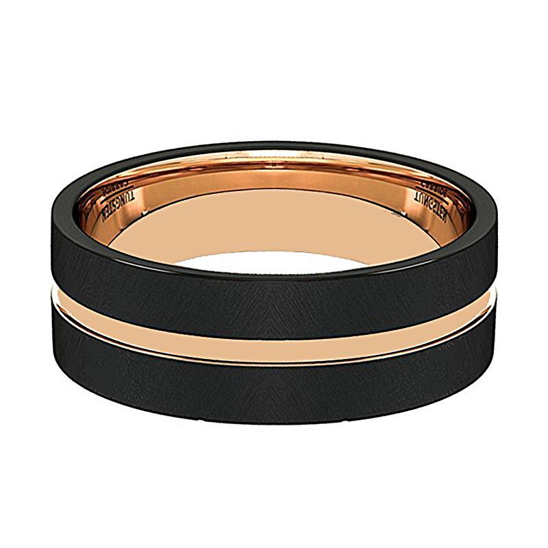 VULCAN Mens Wedding Band Rose Gold Groove Flat Edge