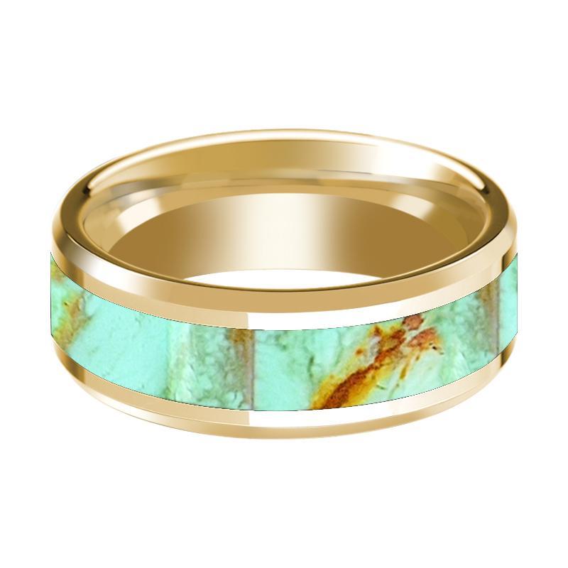 14K Yellow Gold Mens Wedding Ring Inlaid with Turquoise Stone Beveled Edge Polished Design - AydinsJewelry