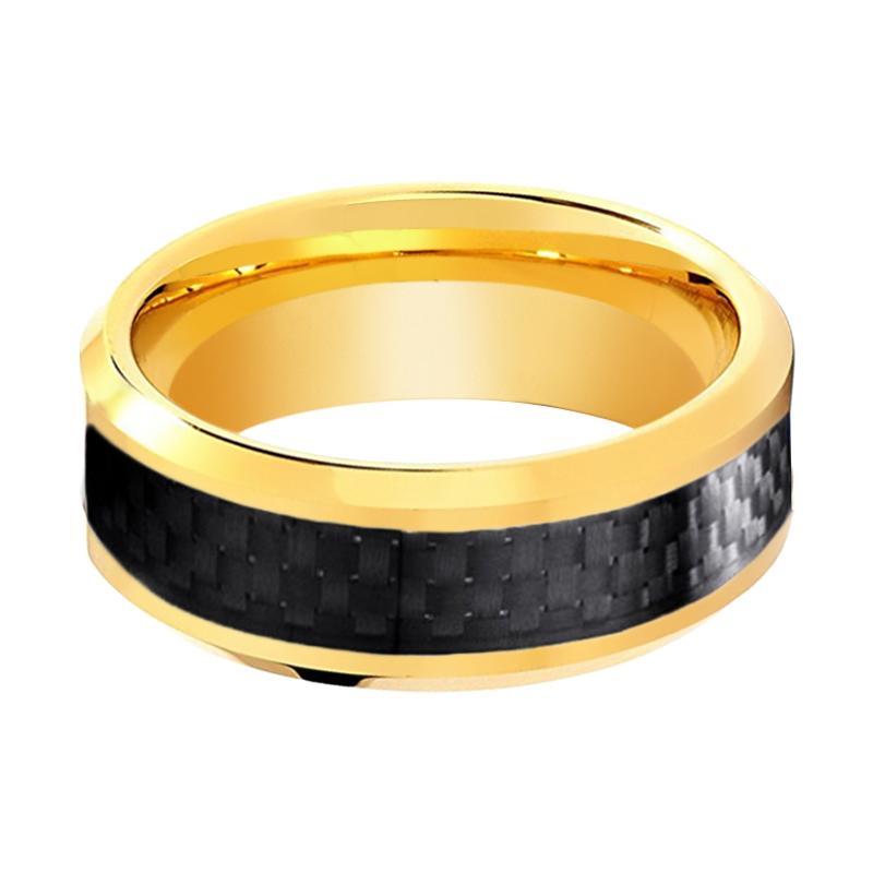 Gold Tungsten Ring High Polished Wedding Band w/ Black Carbon Fiber Inlay 6mm, 8mm Tungsten Carbide Wedding Ring